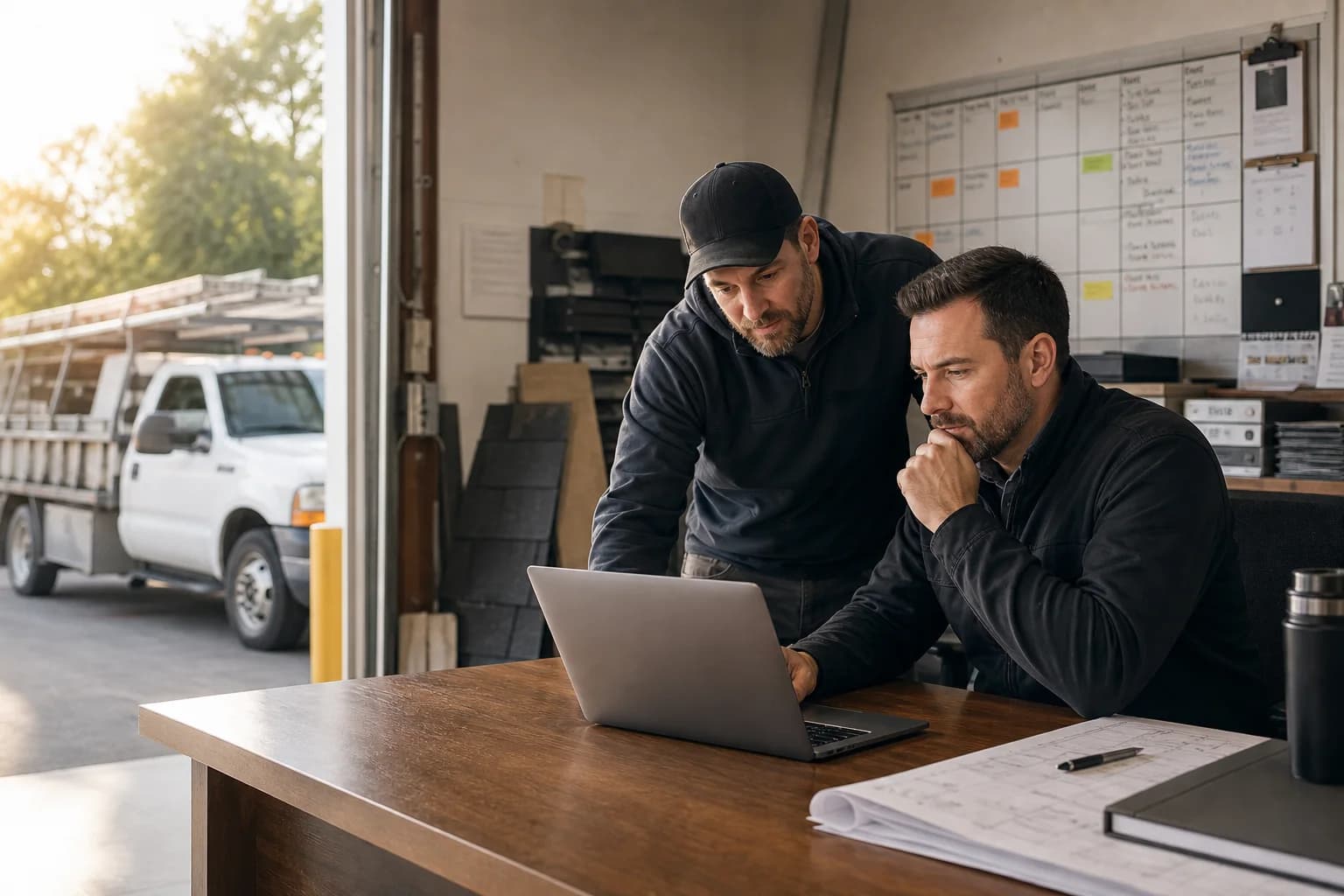 Home service business owner and technician reviewing a local SEO report