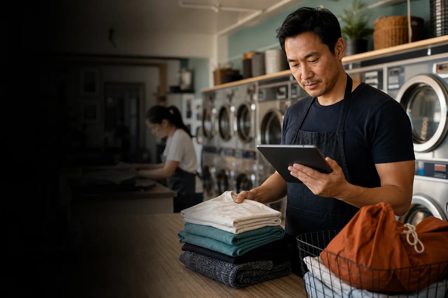 A laundry business owner reviewing an order inside a working laundromat