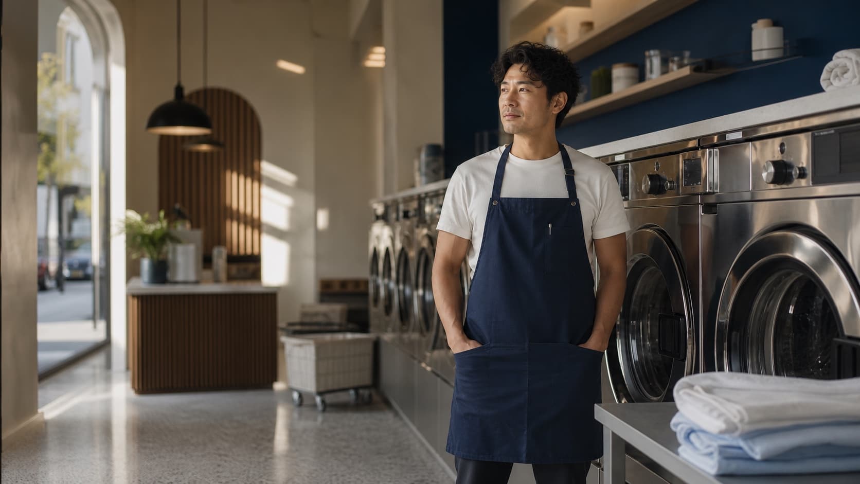 Laundry business owner standing inside a modern neighborhood laundromat